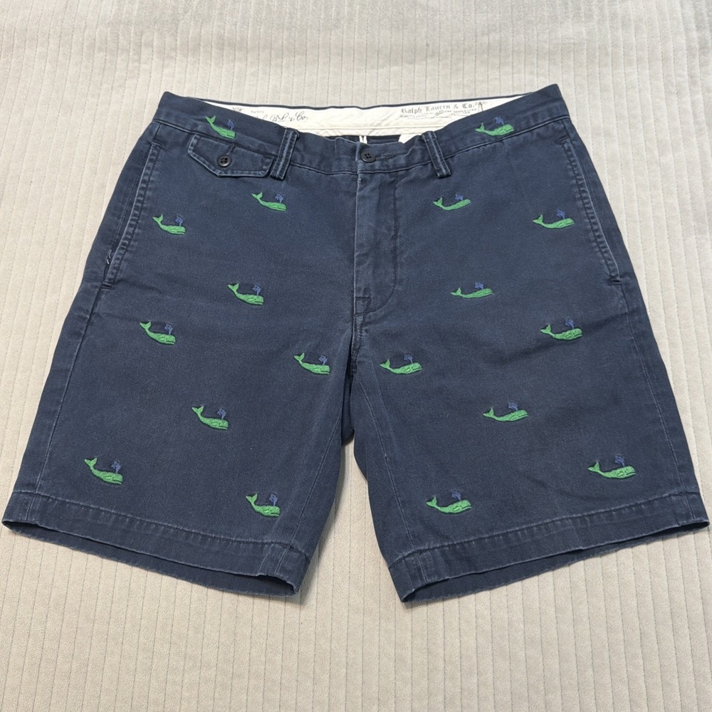 Polo Ralph Lauren Navy Chino Slim GI Shorts 32 Green Whale Print Preppy Casual